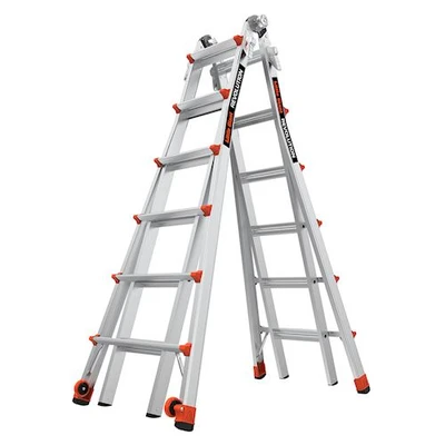 Little Giant Extendable Ladder, Model 13126-001 REVOLUTION 2.0, aluminum, 300 lb rated, silver with orange.
