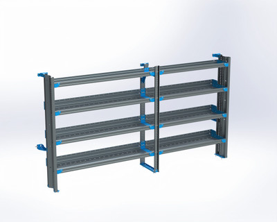 Adrian AS-2T14108FTMA 4-Shelf vehicle shelf system, 14x108, Transit Mid Roof, Driver Side, gray color.