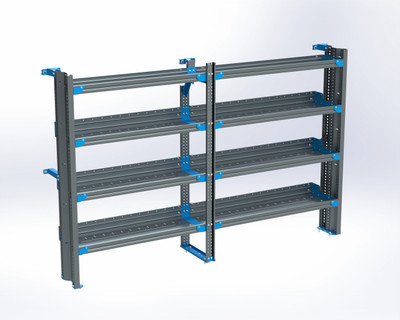 Adrian AS-2T1490PMLA 4-Shelf Unit, compact shelving solution, 14x90, ProMaster Low Roof, gray with blue accents.