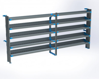 Adrian AS-2T16138SPHA 5-Shelf Shelving Unit, 16x138, Sprinter High Roof, gray with blue accents.