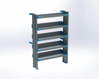 Adrian ProMaster Shelf Unit, 5-shelf unit, 16x42, High Roof 136", gray with blue accents.