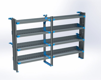 Adrian shelf unit, 4-shelf, 16x90, ProMaster Low Roof, gray with blue accents.