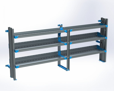 Adrian 3-Shelf Unit, Savana van shelving, 16x96, grey metal rack with blue accents.