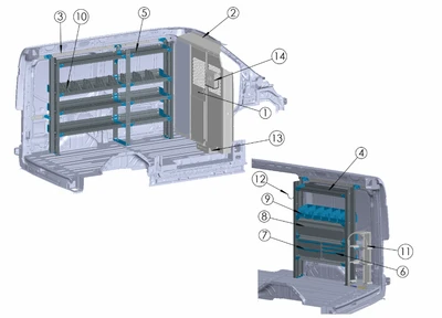 Adrian HVAC-FTMR130B commercial vehicle HVAC package, Transit Mid Roof 130WB, grey color, detailed parts view.