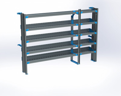 Adrian AS-2T1490SPHA 5-Shelf Unit with tool organization, 14x90 Sprinter High Roof, gray with blue accents.