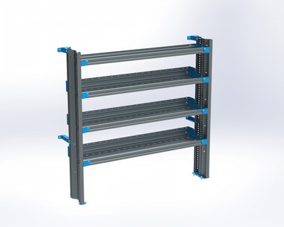 Adrian AS-2T1460PMLA 3-Shelf Low Roof Storage unit, 14x60, ProMaster, Driver's Side, gray and blue.