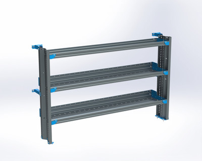Adrian AS-2T1472FTLA 3-Shelf van shelving unit, 14x72, Transit Low Roof, grey with blue accents.