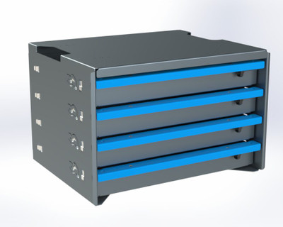 Adrian ADUK1418A4S 4-Drawer Compact Organizer, 14 x 18, gray with blue drawer handles.