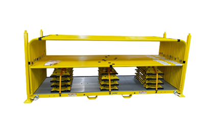Tie Down Engineering Juggernaut Guardrail Kit, yellow guardrail system with metal components and stacked fittings.