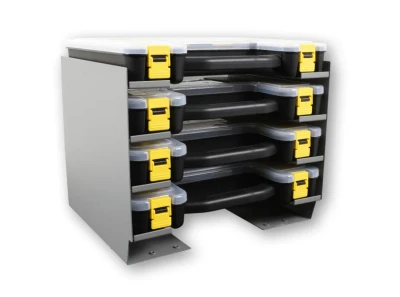 Holman 40380 Cargo Case Shelf Cabinet with 4 small cargo cases, black and yellow, Holman brand.
