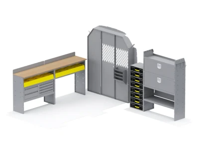 Holman 50TRH Locksmith Van Package, gray workstation with yellow accents and black drawers.
