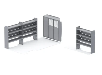 Holman FFG-PML Quick Package Go ProMaster 159" WB High Roof shelving units in gray color.