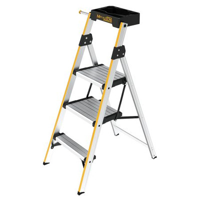 MetalTech Pro Aluminum Step Stool, 300 lb. Duty Rating with Tool Tray, yellow and silver color.