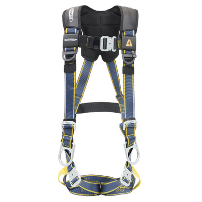Werner Fall Protection H13300X blue armor positioning harness with quick connect buckles, blue and yellow.