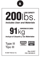 Werner Parts LDR200 / 200lb Rated Duty Rating Sticker for All Ladders Except Twin Step Ladders