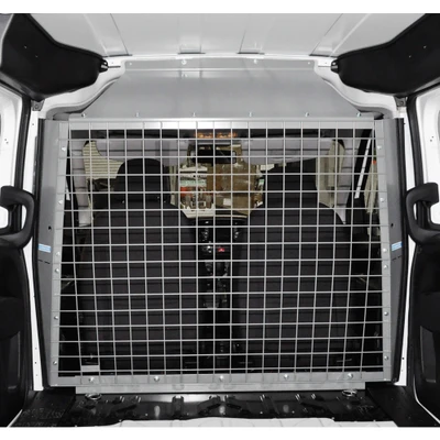 Gray Adrian #P2PMCFW15 Wire Partition for ProMaster City Accessories, installed in van rear door area.