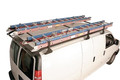 Adrian #VP1 Perimeter Ladder Rack gutter mount rack on white van, black, multiple vehicles.