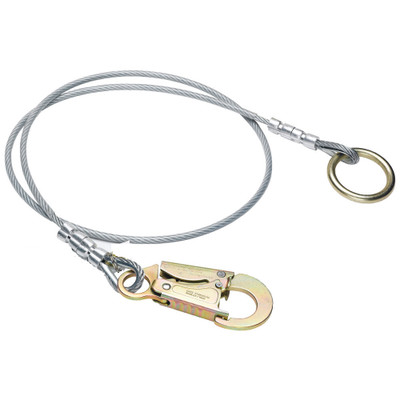 Werner Fall Protection Galvanized Cable Snaphook cable anchor extensions with gold snaphook and silver cable.