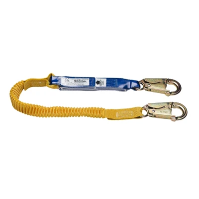 Werner Fall Protection SoftCoil restraint lanyard with yellow coil and blue label, silver clips.