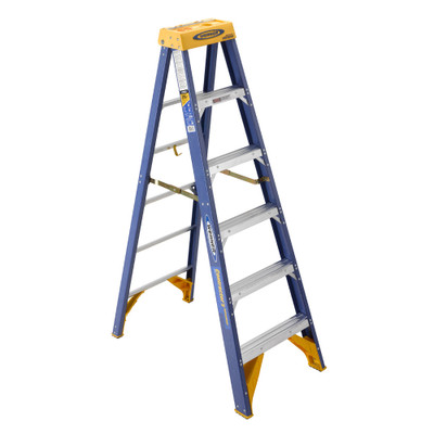 Werner OBCN Series Contractor's fiberglass Stepladders, 375 lb rated, blue and yellow, ladder for climbing.