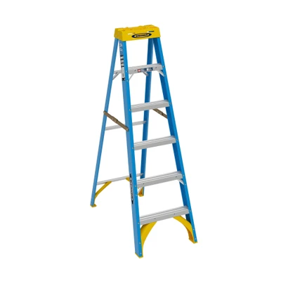Werner 6000 Series blue fiberglass stepladder, 250 lb rated, yellow accents, sturdy construction.