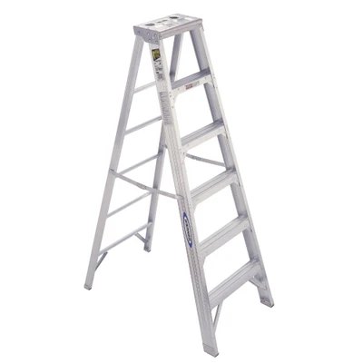 Werner 406 Series Aluminum Stepladder, silver, 375 lb rated, up to 16 feet tall.