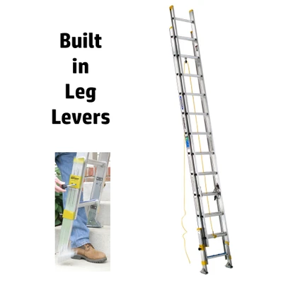Werner D1800-2EQ Equalizer Series extension ladder, 250 lb rated, silver color, with built-in leg levers.