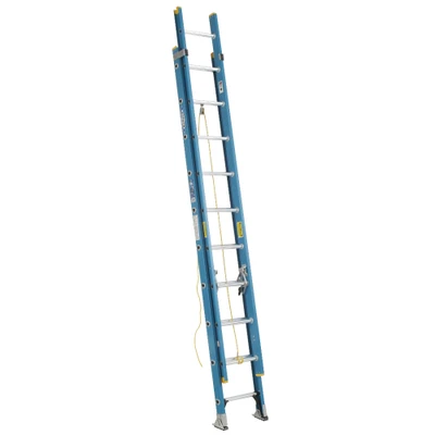 Werner D6000-2 Series blue fiberglass extension ladder, 250 lb rated, Werner brand, blue color.