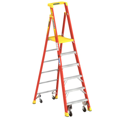 Werner PD6200-4C Series podium ladder with casters, red frame, yellow platform, 300 lb rated capacity.