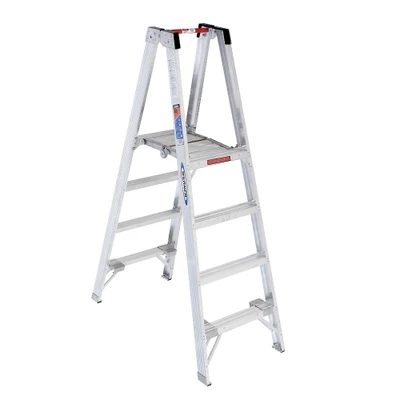 Werner PT370 Series Aluminum Stockr's Ladder, 300 lb Rated, silver ladders with red accents.