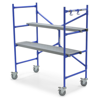 Werner PS-48 4 ft blue portable steel scaffold with gray platform and wheels, from Werner.