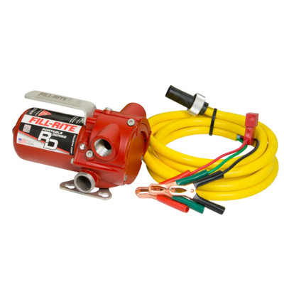 Fill-Rite RD812NN 12V DC Portable liquid pump in red color with yellow cord.