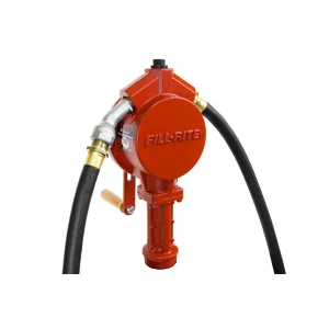 Fill-Rite FR112 cast aluminum Oil Gasoline Pump, red, with black hose and fittings.