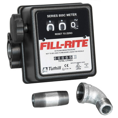 Fill-Rite 807LCMK fueling equipment meter in liters, black color, with silver fittings and accessories.