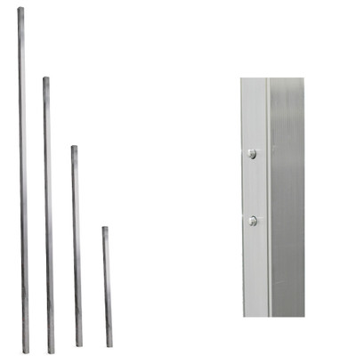 Alum-A-Pole aluminum pump-jack poles and joint connectors, Alumapole brand products shown in silver color.