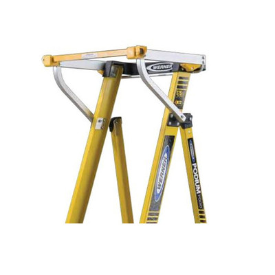 Werner AC63 Podium Ladder Gate, yellow and silver, with brand logo and safety features visible.
