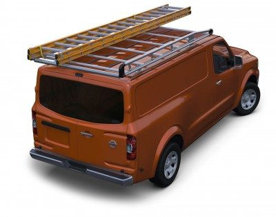 Prime Design AR1901 Ladder Rack on Nissan NV Cargo High Roof, orange van shown.