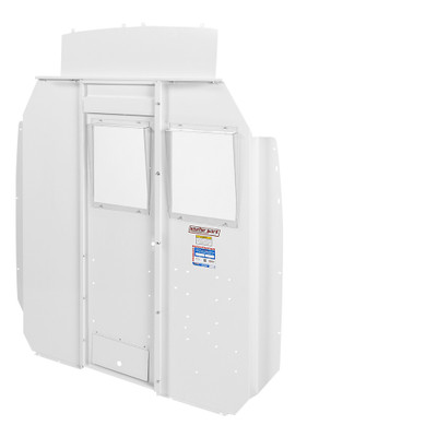 Weather Guard Model 96321-3-01D van bulkhead, high-roof, Ford Transit, deep offset, white.