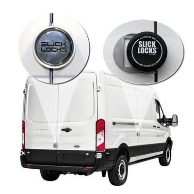 Slick Locks mobile security solution for Ford Transit double sliding doors, full-size, white van.