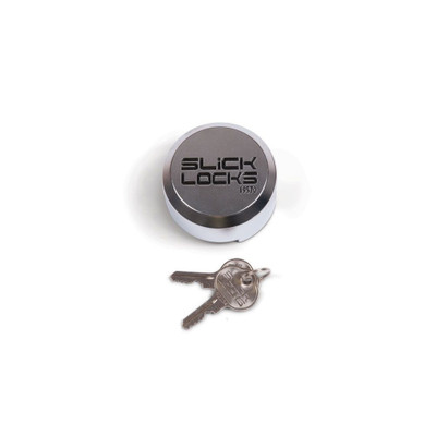 Slick Locks Puck Lock replacement, SL-AL-PL-1 model, with keys, silver in color.