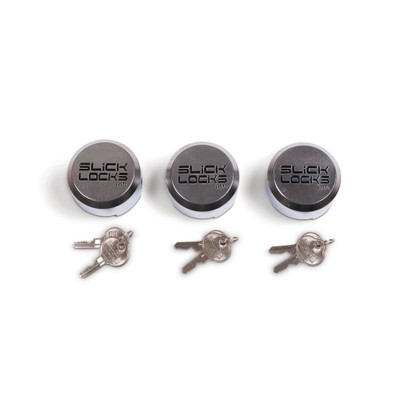Slick Lock Model SL-AL-PL-3KA Puck Locks, 3 Pack Keyed Alike, silver color, Slick Locks brand.