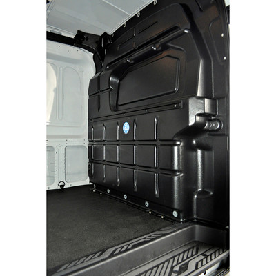 Adrian cab partition, Ford Transit Mid Roof, black composite partition, no window, by Adrian.