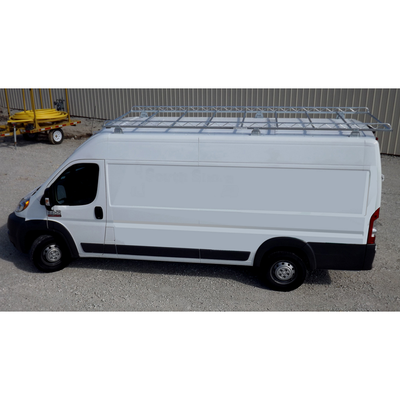 Topper van roof rack on white ProMaster van with 60in crossbars and knocked-down design installed.