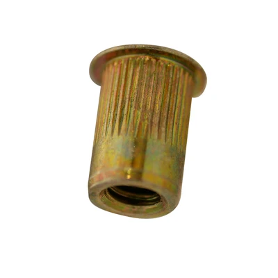 Tapco 1/4-20 Rivet Nut Insert, nut bolt insert, part #10214, gold color, cylindrical shape.