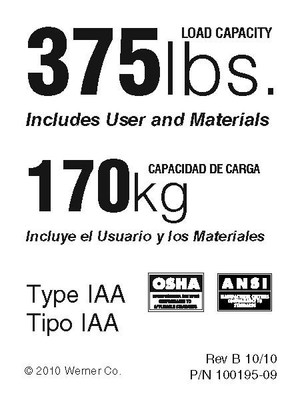 Werner Parts 100195-09 load capacity label, 375# rating, Type IAA, from Werner Parts.
