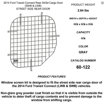 Adrian Steel #60-122 Driver Side Rear Door Security Screen, 19.6w x 20.3h x 0.6d, Gray, Transit Connect