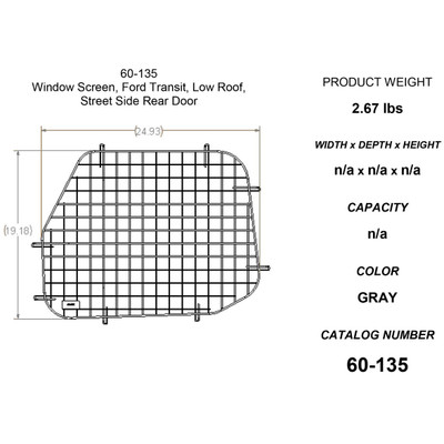 Adrian Steel #60-135 Driver Side Rear Door Security Screen, 25w x 23.2h x 0.7d, Gray, Transit Low Roof