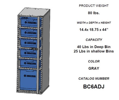 Adrian Steel #BC6ADJ 6-Bin Cabinet w/ Bins, Gray, Blue