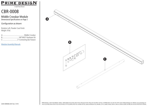 Prime Design "ErgoRack" CBR-0008 Middle Crossbar Kit, Use with CBR-0007