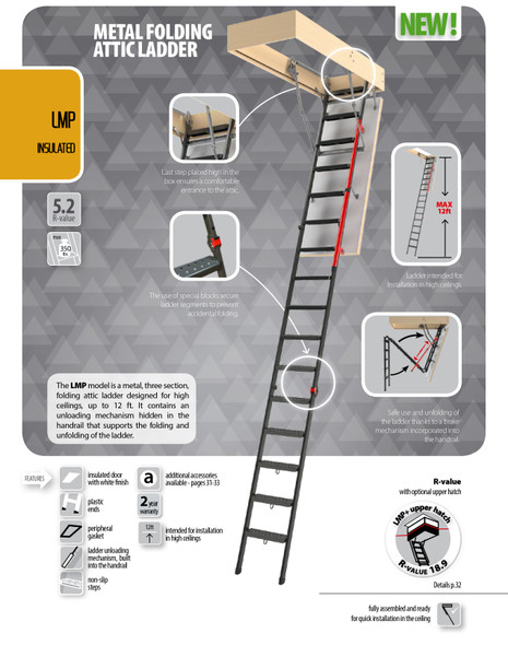 Fakro LMP 869332 Metal "Insulated" Attic Ladder | 25" x 56" Opening / 9'10" - 12' Ceiling Height | 350 lb. Capacity